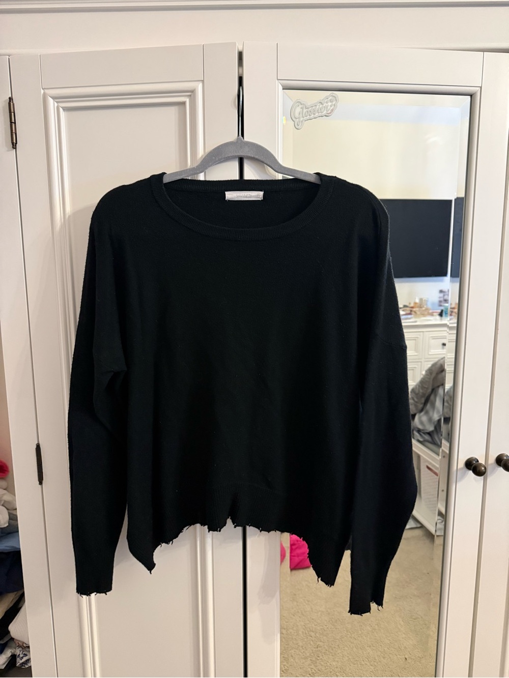 Women's Black Distressed Crewneck Sweater